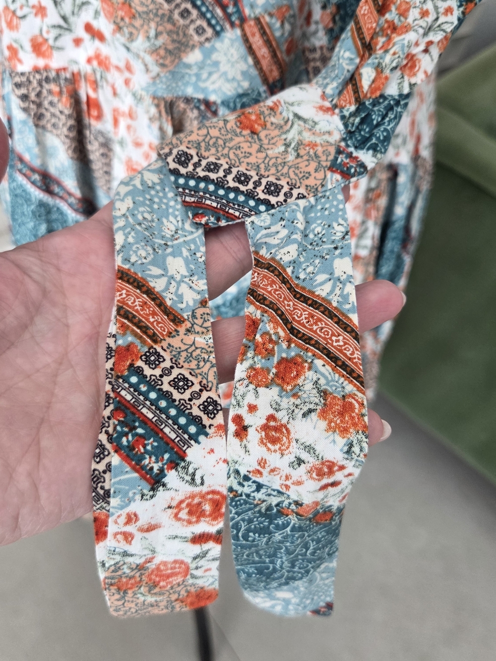 Jaase Patchwork Floral Tiered Midi Dress Boho Long Sleeve Teal Orange Size Small - Picture 5 of 10